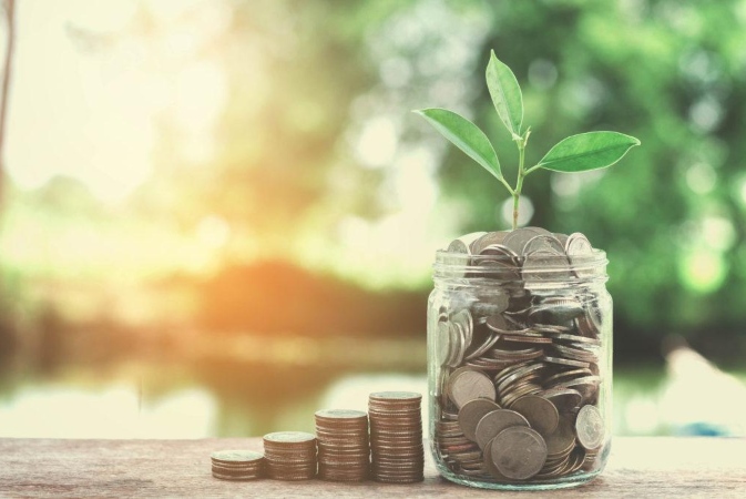 a stack of coins next to a jar of coins with a plant growing from it.